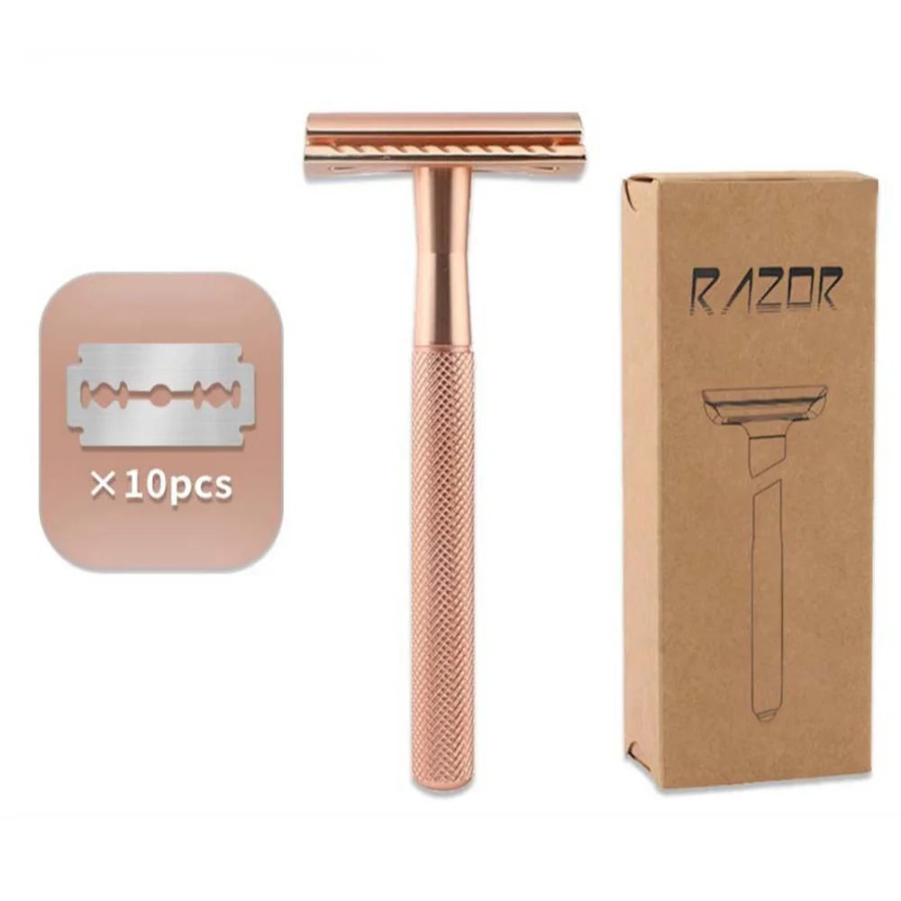 Men Manual Vintage Razor Ergonomic Metal Double-Sided Shaver with 10 Replacement Blades - Rose Gold - 1