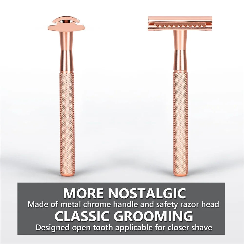 Men Manual Vintage Razor Ergonomic Metal Double-Sided Shaver with 10 Replacement Blades - Rose Gold - 3