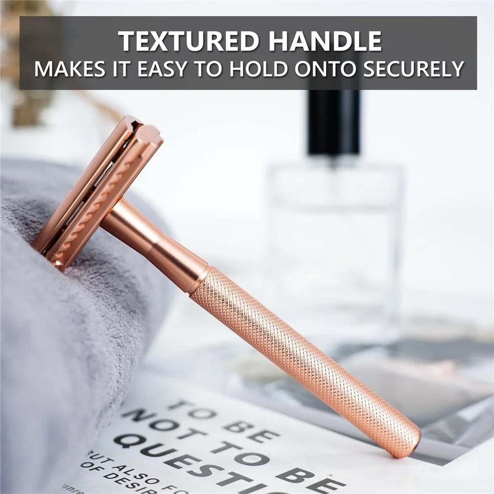 Men Manual Vintage Razor Ergonomic Metal Double-Sided Shaver with 10 Replacement Blades - Rose Gold - 5