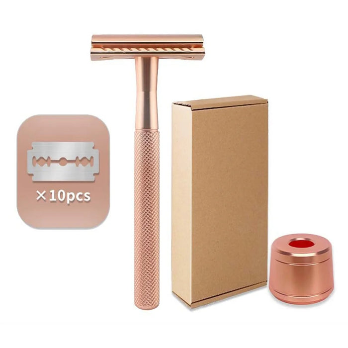 Men Manual Vintage Razor Ergonomic Metal Double-Sided Shaver with Base and 10 Replacement Blades - Rose Gold - 1