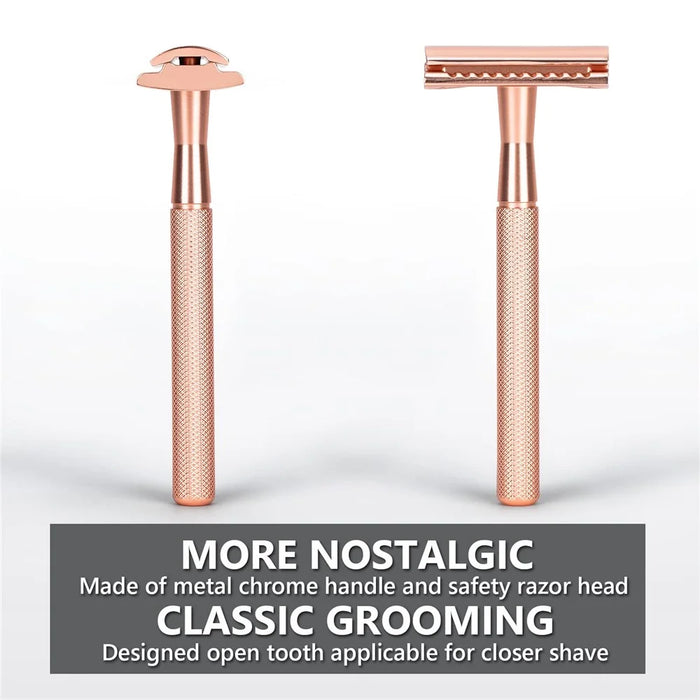 Men Manual Vintage Razor Ergonomic Metal Double-Sided Shaver with Base and 10 Replacement Blades - Rose Gold - 3