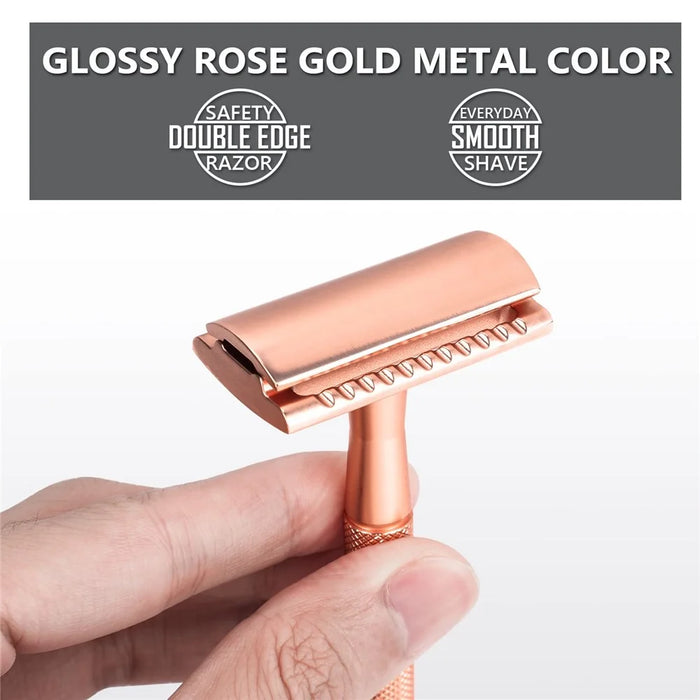 Men Manual Vintage Razor Ergonomic Metal Double-Sided Shaver with Base and 10 Replacement Blades - Rose Gold - 4