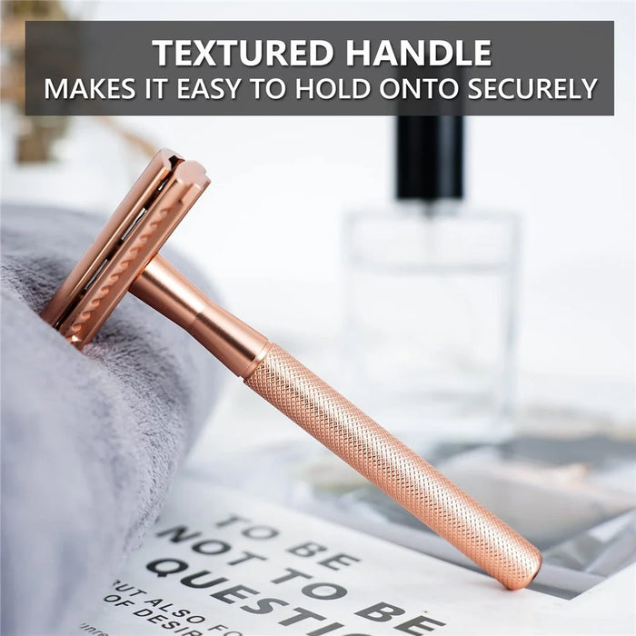 Men Manual Vintage Razor Ergonomic Metal Double-Sided Shaver with Base and 10 Replacement Blades - Rose Gold - 5