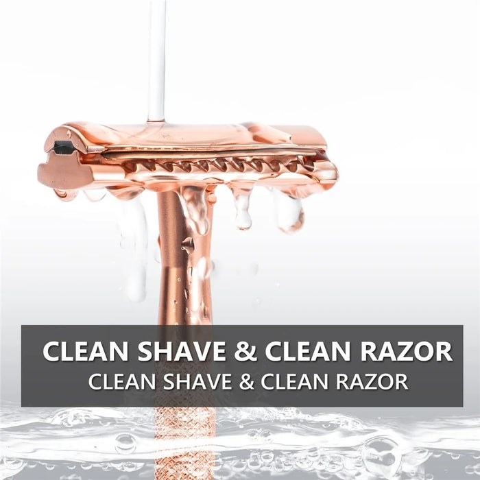 Men Manual Vintage Razor Ergonomic Metal Double-Sided Shaver with Base and 10 Replacement Blades - Rose Gold - 6