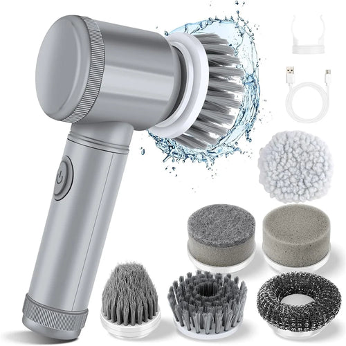 Electric Rotating Cleaning Brush Kitchen Bathroom Multi-Function Cleaner with 6 Replacement Brush Heads - Grey - 1