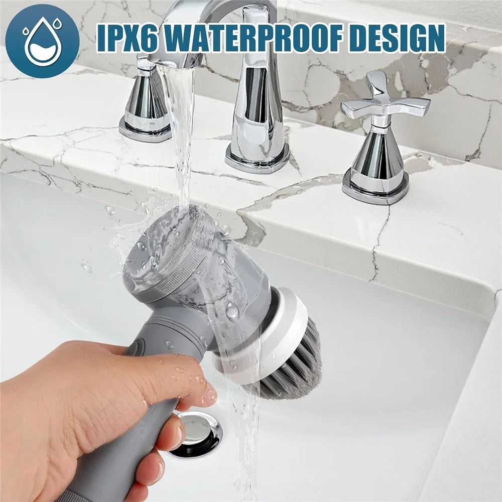 Electric Rotating Cleaning Brush Kitchen Bathroom Multi-Function Cleaner with 6 Replacement Brush Heads - Grey - 2