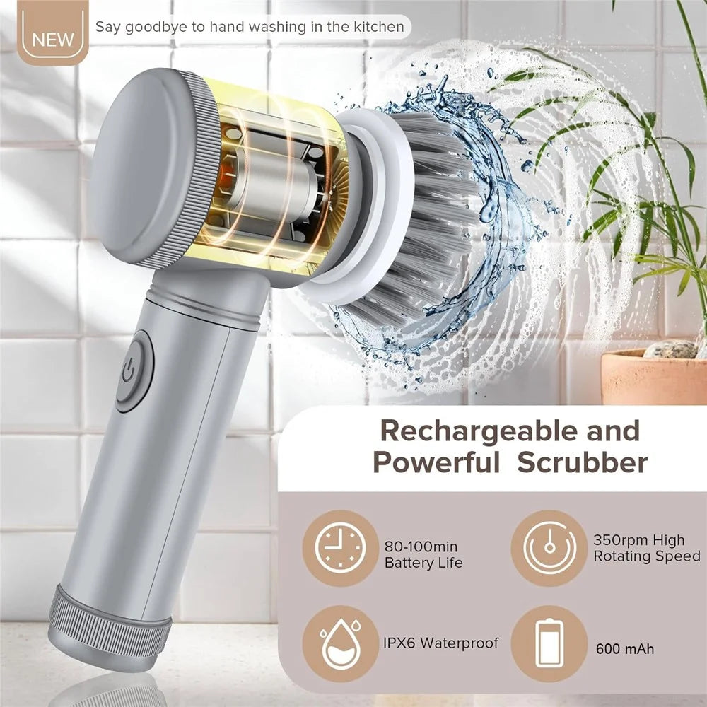 Electric Rotating Cleaning Brush Kitchen Bathroom Multi-Function Cleaner with 6 Replacement Brush Heads - Grey - 3