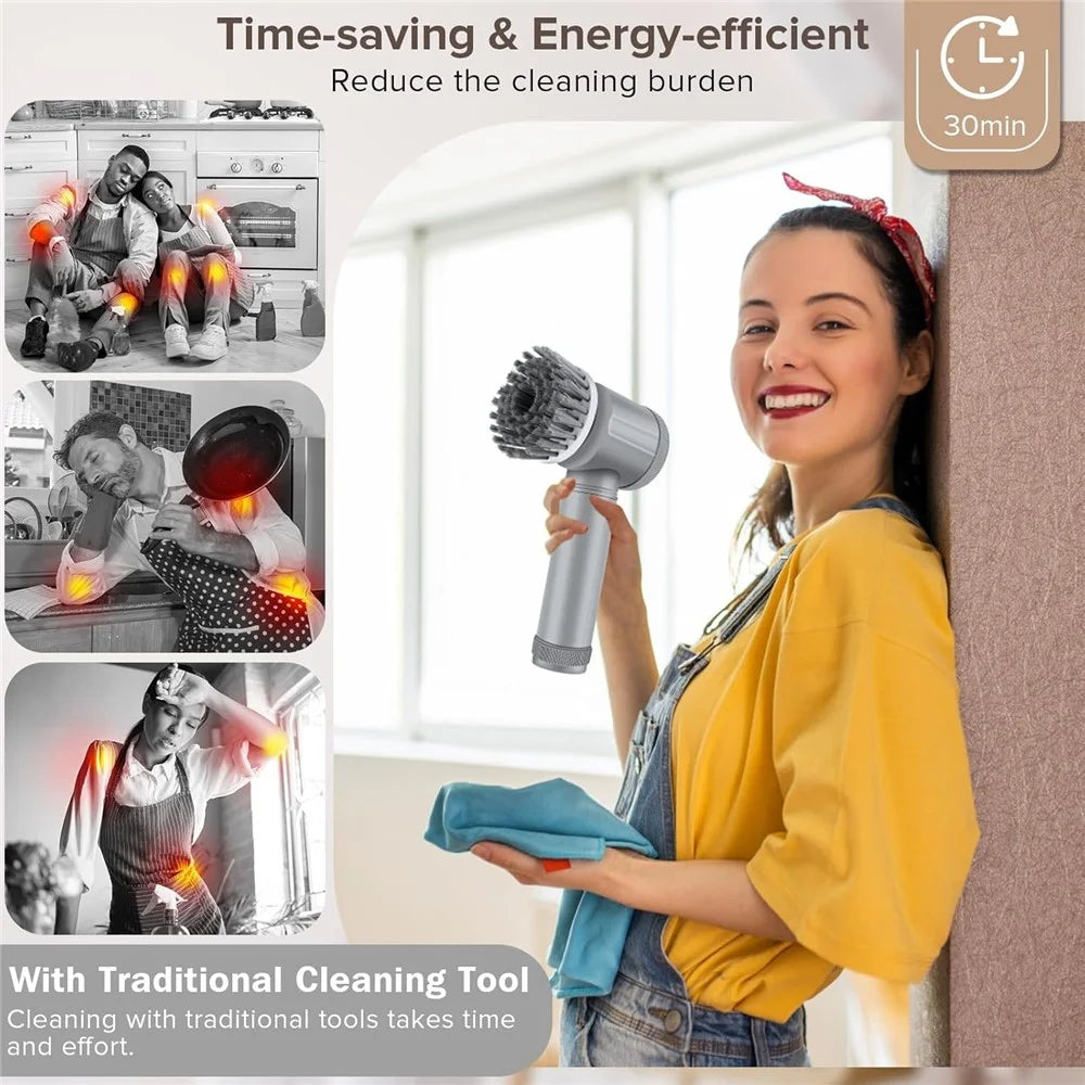 Electric Rotating Cleaning Brush Kitchen Bathroom Multi-Function Cleaner with 6 Replacement Brush Heads - Grey - 4
