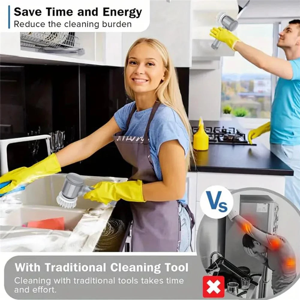 Electric Rotating Cleaning Brush Kitchen Bathroom Multi-Function Cleaner with 6 Replacement Brush Heads - Grey - 5