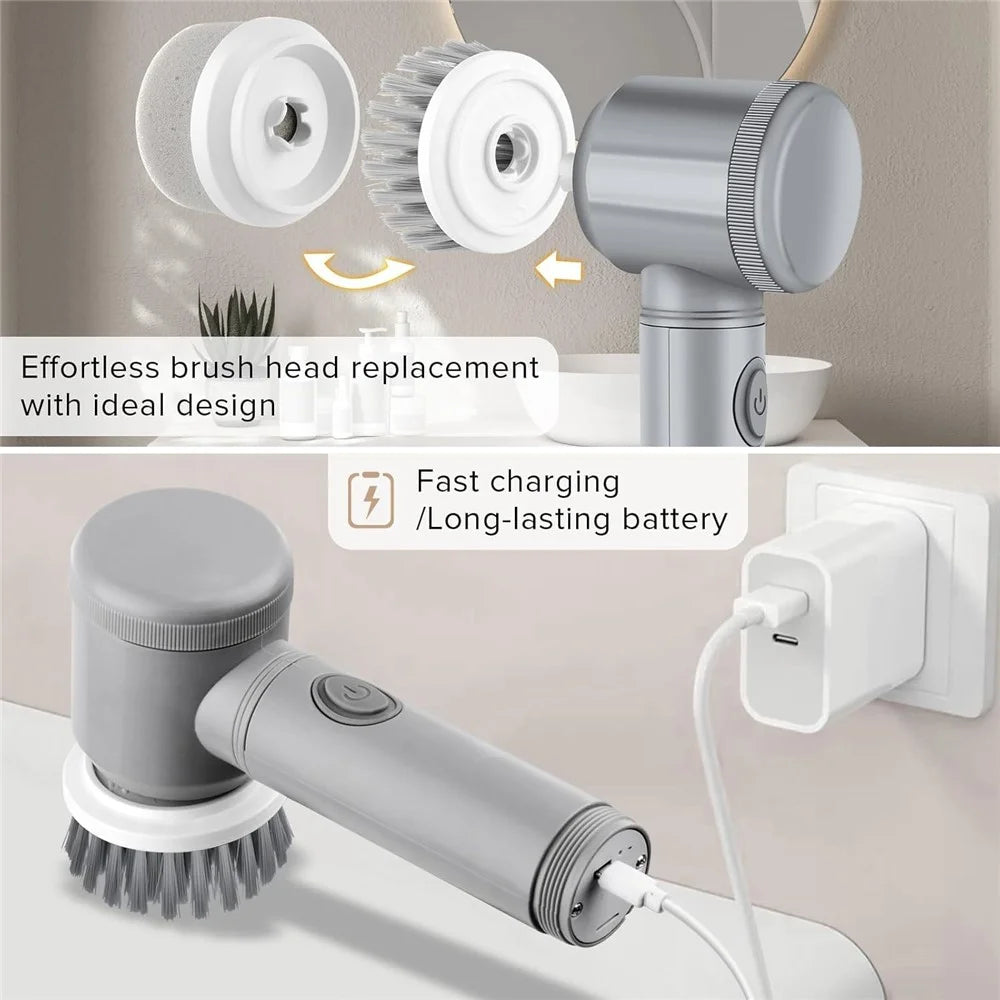 Electric Rotating Cleaning Brush Kitchen Bathroom Multi-Function Cleaner with 6 Replacement Brush Heads - Grey - 6