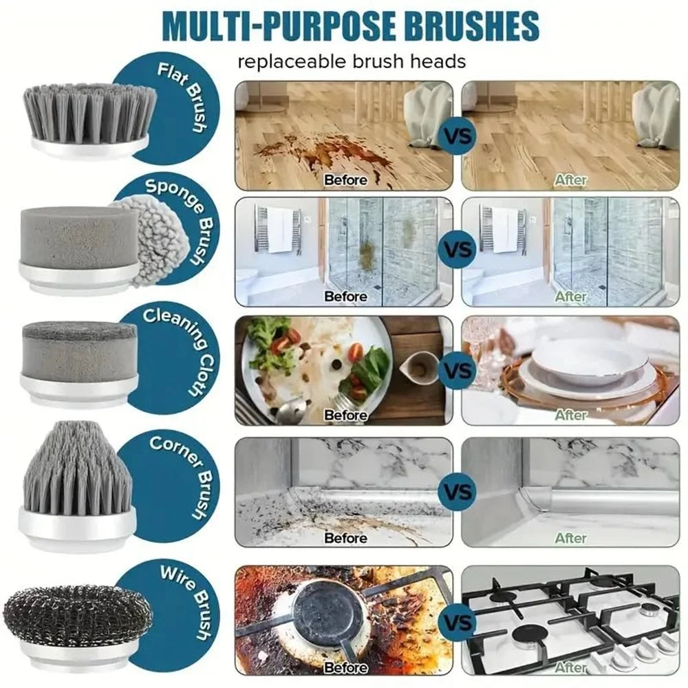 Electric Rotating Cleaning Brush Kitchen Bathroom Multi-Function Cleaner with 6 Replacement Brush Heads - Grey - 7