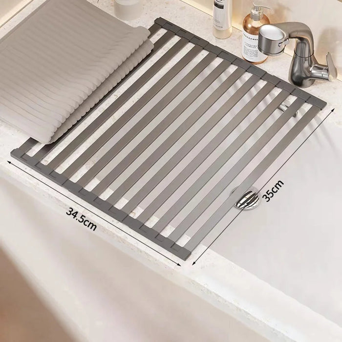 35 x 34.5cm Over Sink Dish Drying Rack Foldable Drainer Shelf Space Aluminum Roll Up Mat Kitchen Organizer - Grey - 1