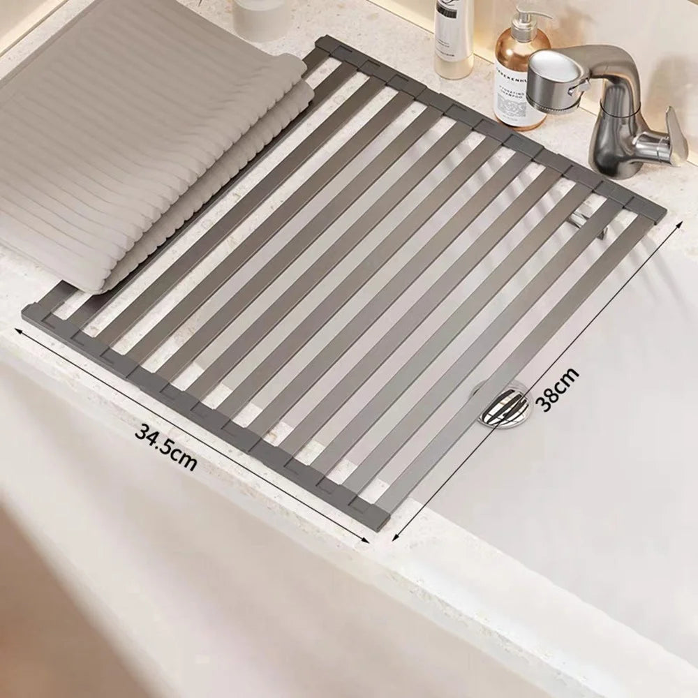 38 x 34.5cm Over Sink Dish Drying Rack Foldable Drainer Shelf Space Aluminum Roll Up Mat Kitchen Organizer - Grey - 1