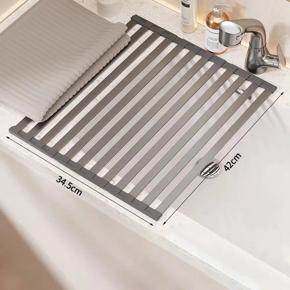 42 x 34.5cm Over Sink Dish Drying Rack Foldable Drainer Shelf Space Aluminum Roll Up Mat Kitchen Organizer - Grey - 1