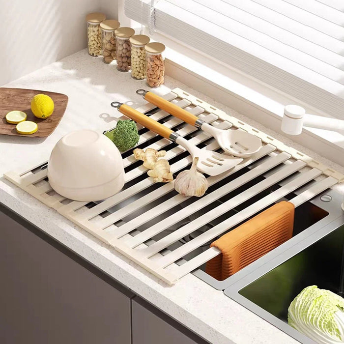 45 x 34.5cm Over Sink Dish Drying Rack Foldable Drainer Shelf Space Aluminum Roll Up Mat Kitchen Organizer - Grey - 5
