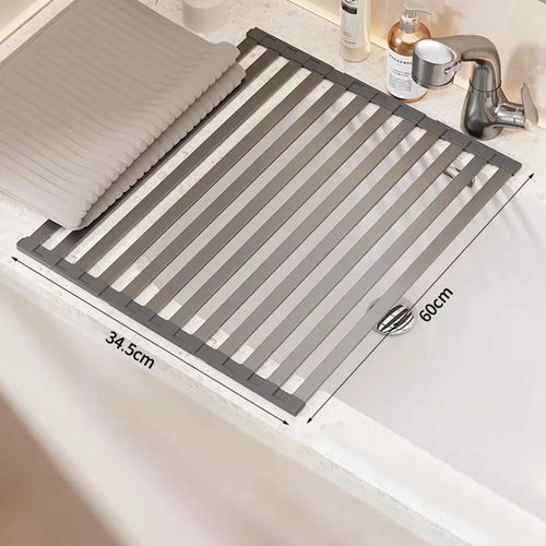 60 x 34.5cm Over Sink Dish Drying Rack Foldable Drainer Shelf Space Aluminum Roll Up Mat Kitchen Organizer - Grey - 1