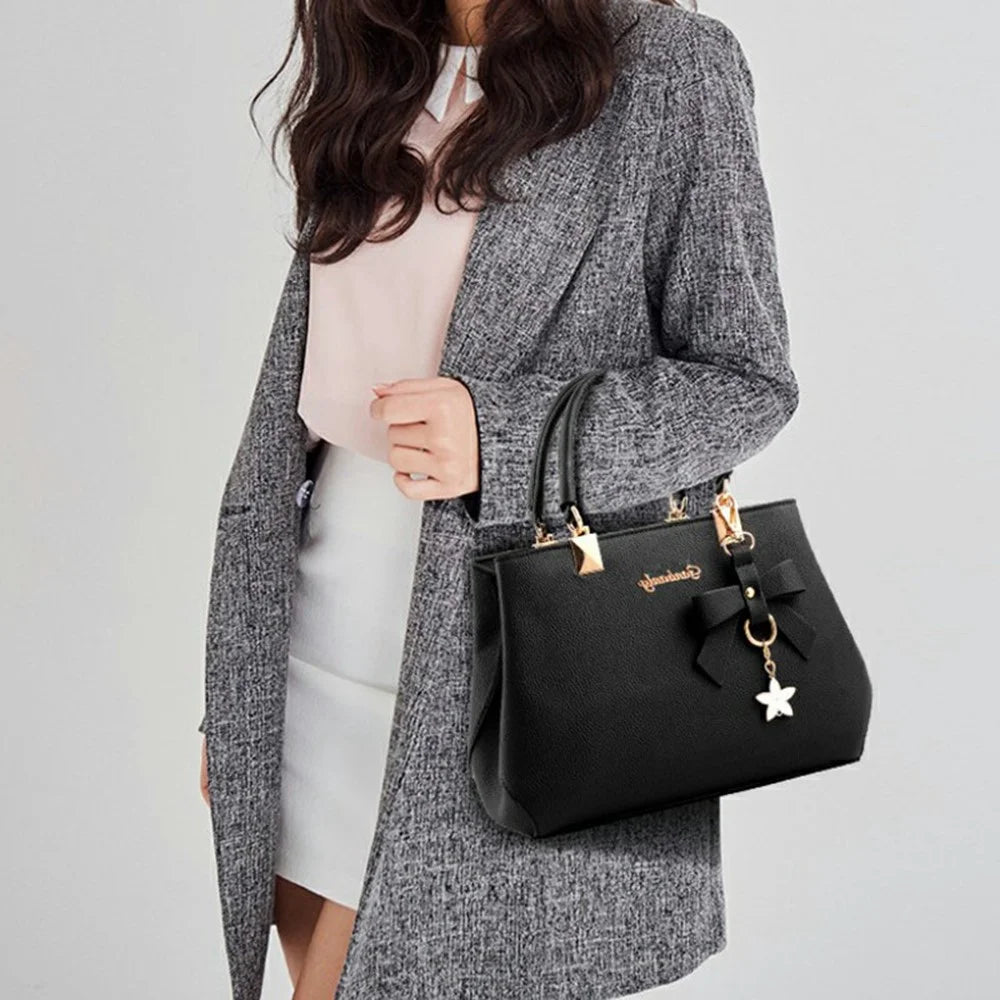 Crossbody Handbag with Bow Ornament, Tote Shoulder Bag Versatile Large Capacity Purse for Women - Black - 7