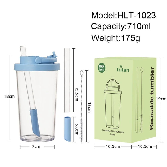 710ml Tritan Straw Tumbler For Boba Tea  /  Smoothies  /  Beer Wide Mouth Telescopic Straw (BPA Free, FDA Certified) - Baby Blue - 4
