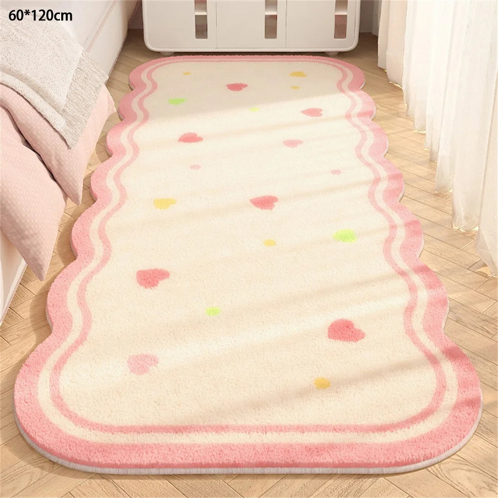 60 x 120cm Faux Cashmere Bedside Rug Soft Plush Floor Mat Bedroom Decor Anti Slip Washable - White Pink  /  Hearts - 1