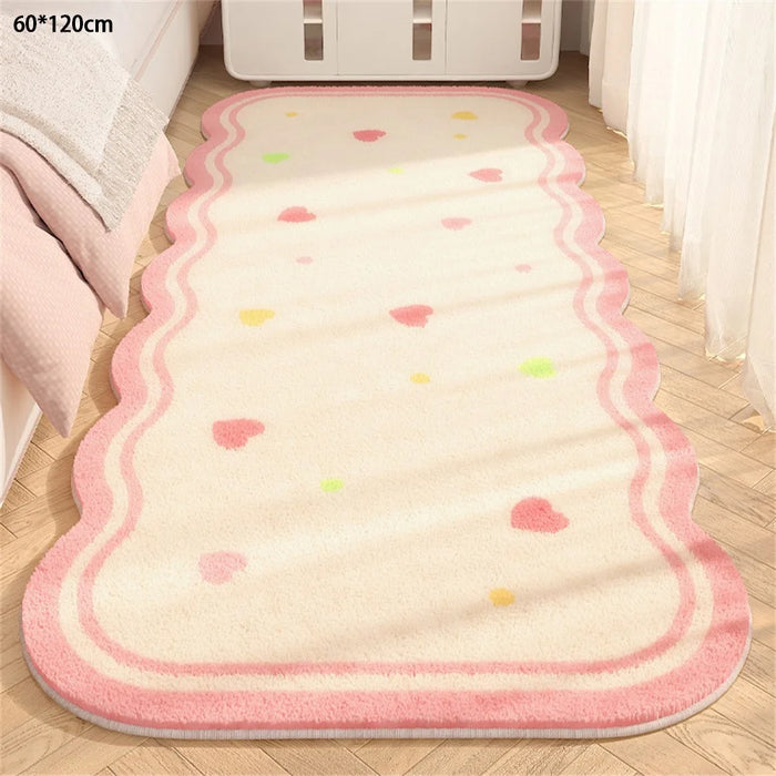 60 x 120cm Faux Cashmere Bedside Rug Soft Plush Floor Mat Bedroom Decor Anti Slip Washable - White Pink  /  Hearts - 1