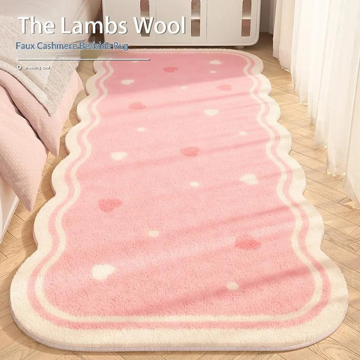 60 x 120cm Faux Cashmere Bedside Rug Soft Plush Floor Mat Bedroom Decor Anti Slip Washable - White Pink  /  Hearts - 2