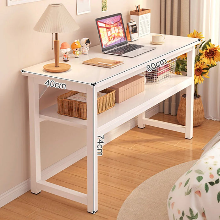 80 x 40cm Double Layer Narrow Desk with Storage Shelf, Modern Home Office Writing Table, Simple Bedroom Study Workstation - White - 1
