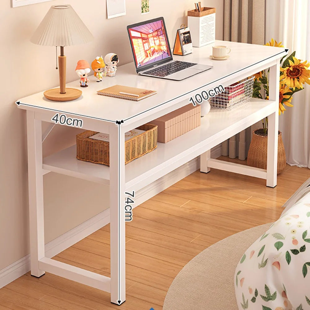 100 x 40cm Double Layer Narrow Desk with Storage Shelf, Modern Home Office Writing Table, Simple Bedroom Study Workstation - White - 1