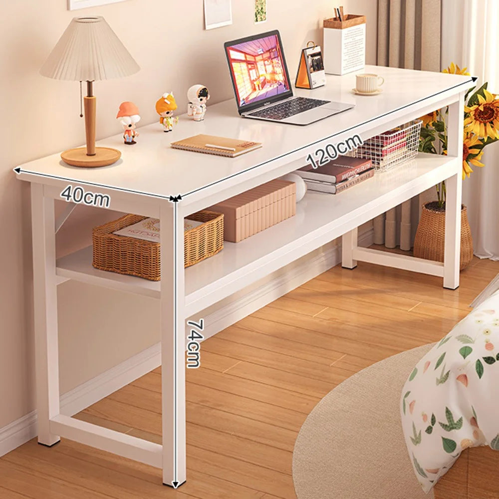 120 x 40cm Double Layer Narrow Desk with Storage Shelf, Modern Home Office Writing Table, Simple Bedroom Study Workstation - White - 1