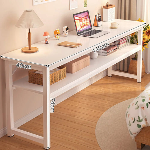 140 x 40cm Double Layer Narrow Desk with Storage Shelf, Modern Home Office Writing Table, Simple Bedroom Study Workstation - White - 1