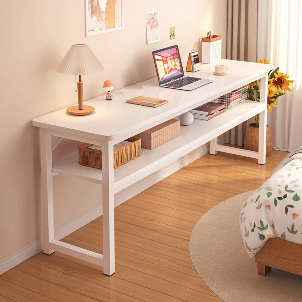 140 x 40cm Double Layer Narrow Desk with Storage Shelf, Modern Home Office Writing Table, Simple Bedroom Study Workstation - White - 2