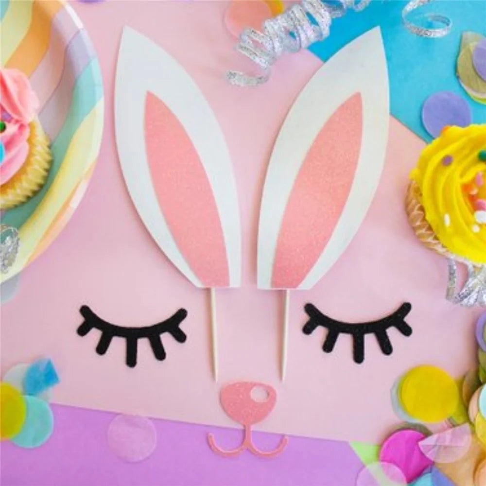 Cake Decoration Card Set with Bamboo Stick, Cute Design Bakeware Accessories for Kids Party / Spring Theme Desserts (No FDA) - Rabbit - 3