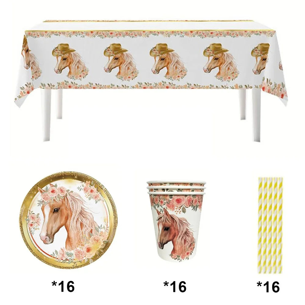 49Pcs Horse Theme Birthday Party Decorations Tableware Set with 16 Paper Plates, 16 Cups, 1 Tablecloth, 16 Straws for Celebration (No FDA) - 1