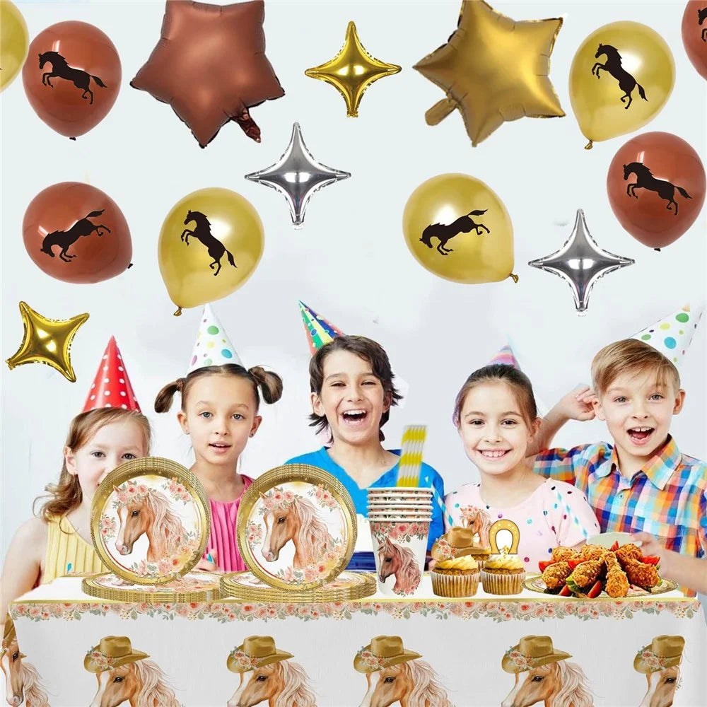 49Pcs Horse Theme Birthday Party Decorations Tableware Set with 16 Paper Plates, 16 Cups, 1 Tablecloth, 16 Straws for Celebration (No FDA) - 2