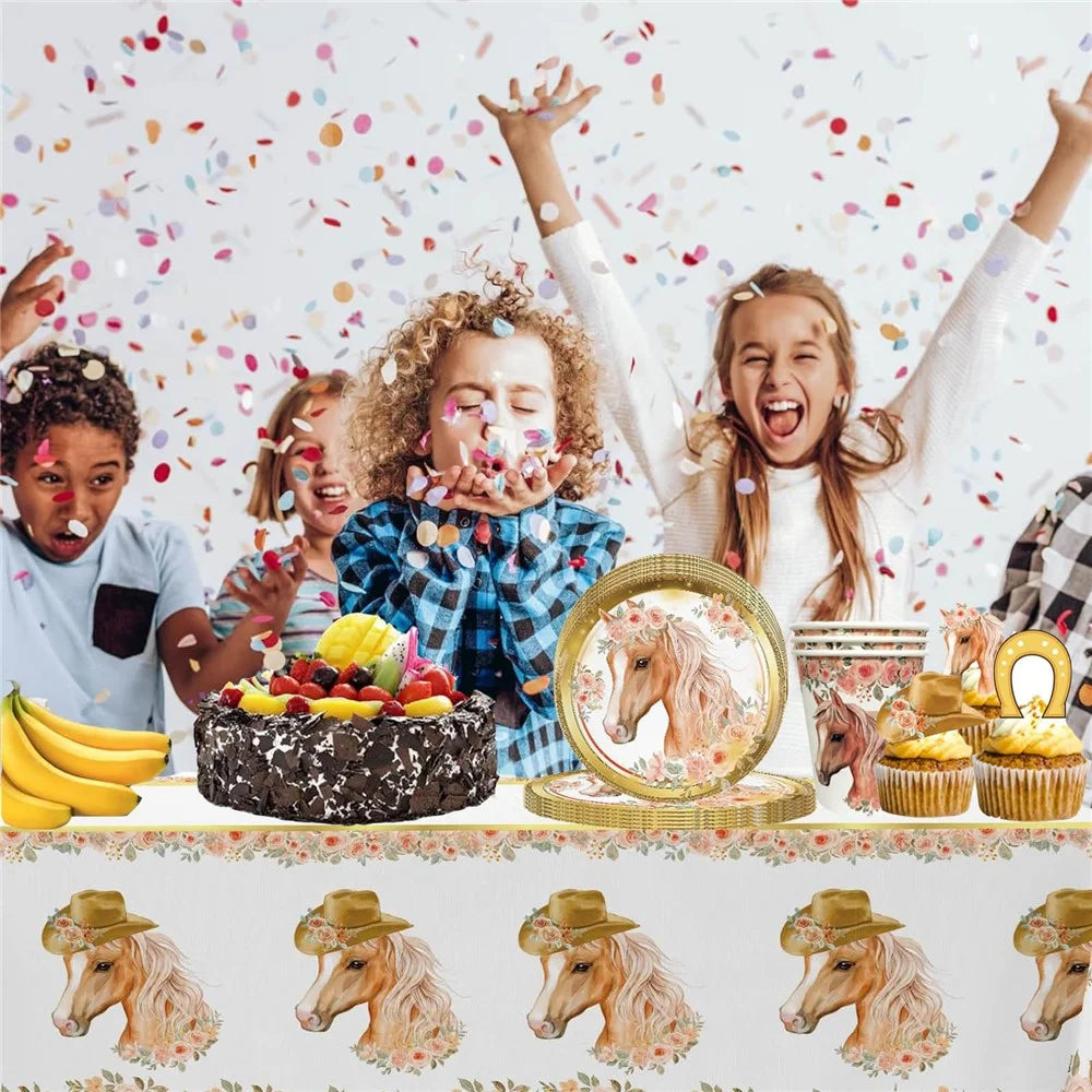 49Pcs Horse Theme Birthday Party Decorations Tableware Set with 16 Paper Plates, 16 Cups, 1 Tablecloth, 16 Straws for Celebration (No FDA) - 3