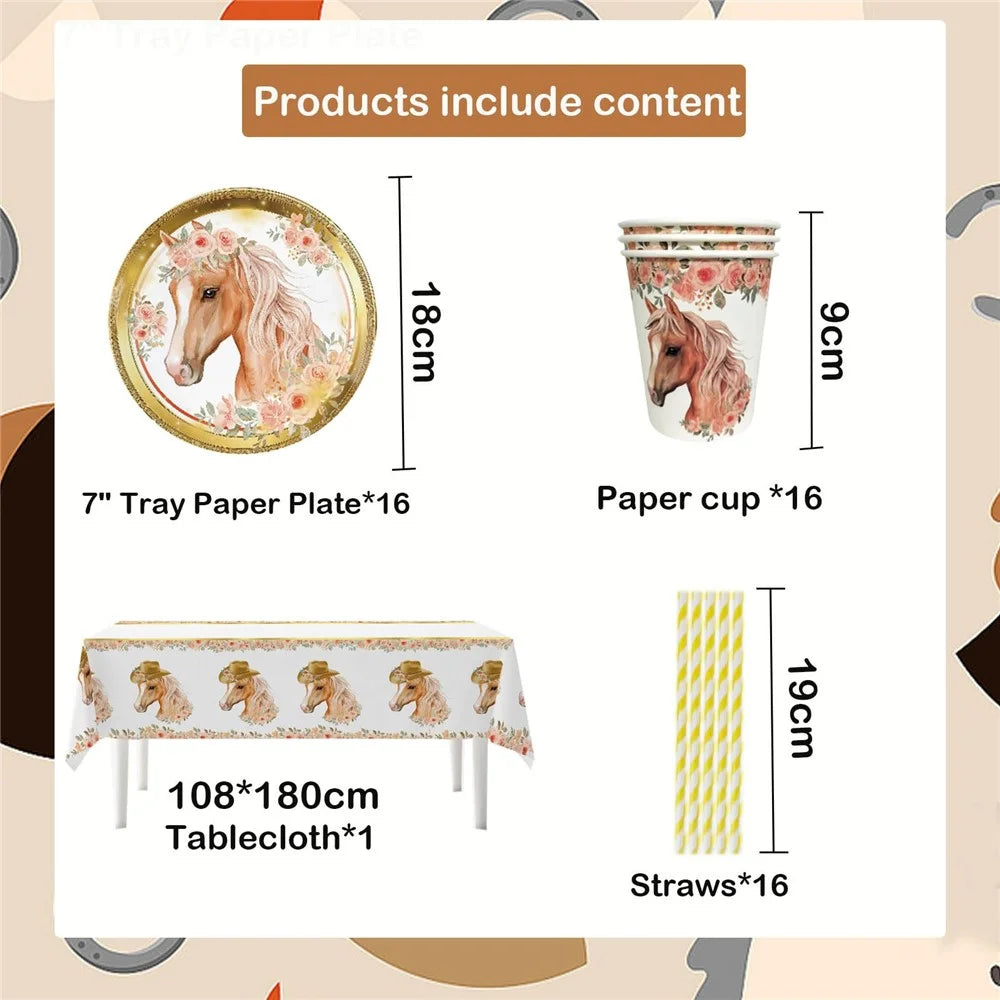 49Pcs Horse Theme Birthday Party Decorations Tableware Set with 16 Paper Plates, 16 Cups, 1 Tablecloth, 16 Straws for Celebration (No FDA) - 5