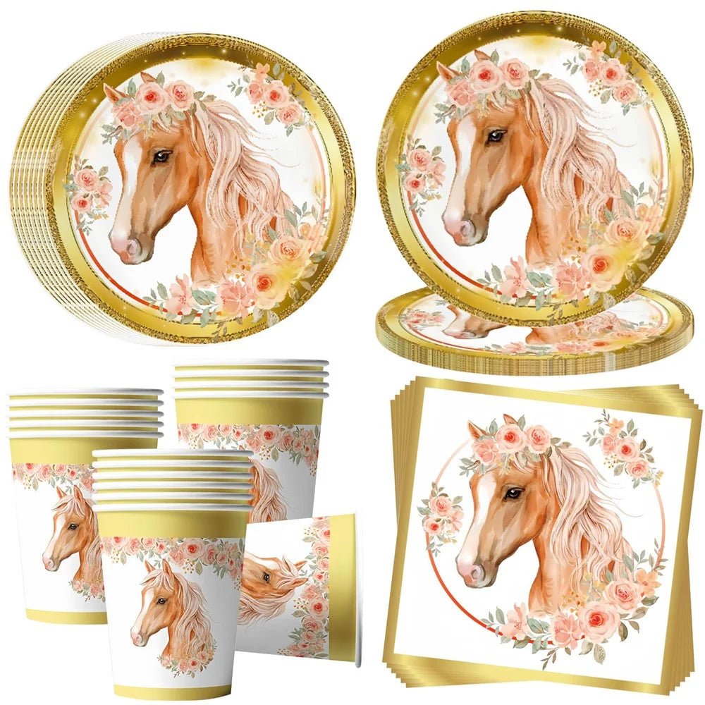 52Pcs Horse Theme Birthday Party Decorations Tableware Set with 16 Paper Plates, 16 Cups, 20 Napkins, for Celebration (No FDA) - 1