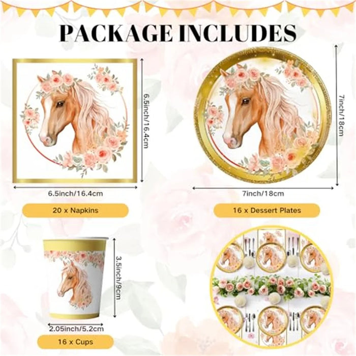 52Pcs Horse Theme Birthday Party Decorations Tableware Set with 16 Paper Plates, 16 Cups, 20 Napkins, for Celebration (No FDA) - 6