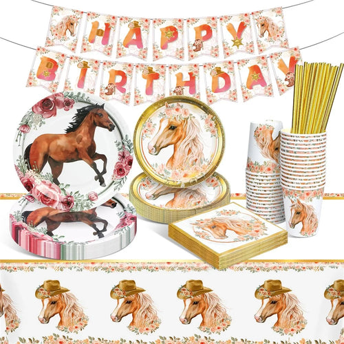 102Pcs Horse Theme Birthday Party Supplies Set Tableware Kit with Plates, Cups, Napkins, Straws, Tablecloth, Banner (No FDA) - 1