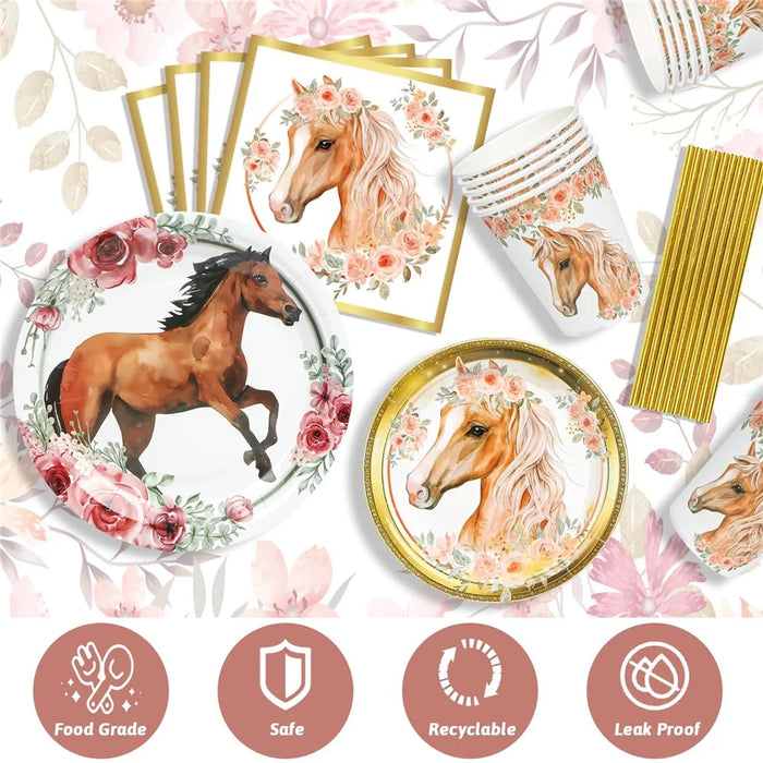 102Pcs Horse Theme Birthday Party Supplies Set Tableware Kit with Plates, Cups, Napkins, Straws, Tablecloth, Banner (No FDA) - 2
