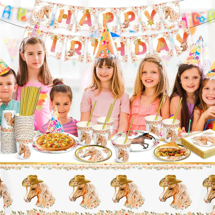 102Pcs Horse Theme Birthday Party Supplies Set Tableware Kit with Plates, Cups, Napkins, Straws, Tablecloth, Banner (No FDA) - 3