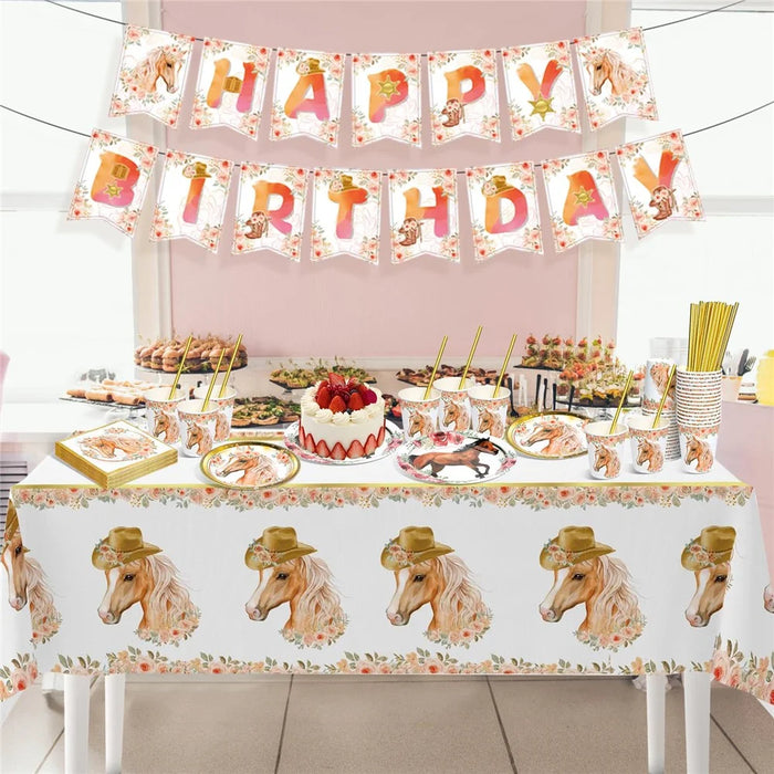 102Pcs Horse Theme Birthday Party Supplies Set Tableware Kit with Plates, Cups, Napkins, Straws, Tablecloth, Banner (No FDA) - 4