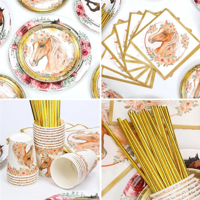 102Pcs Horse Theme Birthday Party Supplies Set Tableware Kit with Plates, Cups, Napkins, Straws, Tablecloth, Banner (No FDA) - 6