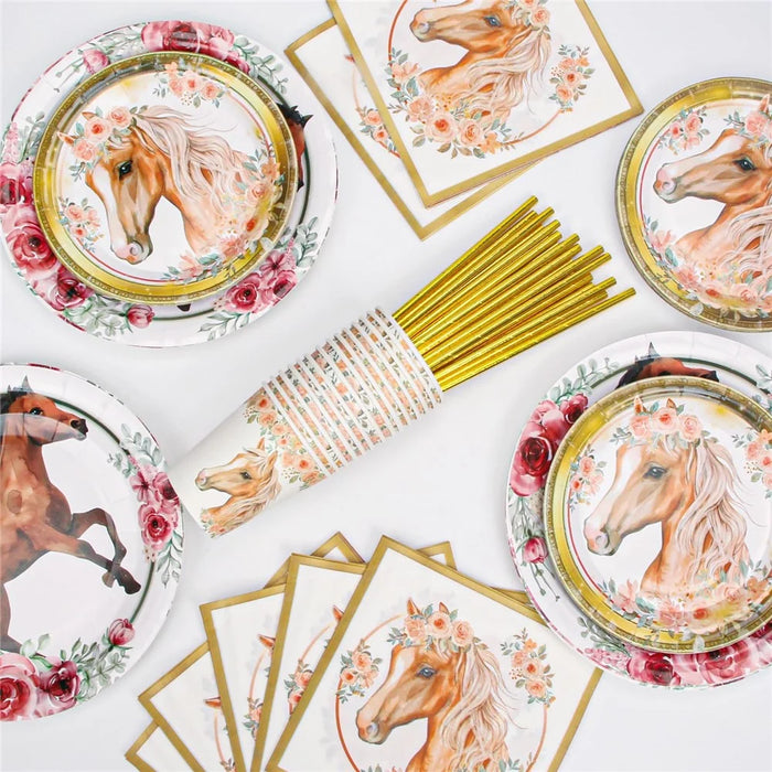 102Pcs Horse Theme Birthday Party Supplies Set Tableware Kit with Plates, Cups, Napkins, Straws, Tablecloth, Banner (No FDA) - 7