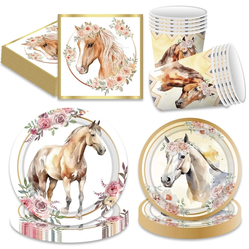 50Pcs Horse Theme Birthday Party Tableware Set with Paper Plates, Cups, Napkins for Holiday Celebration (No FDA) - 1