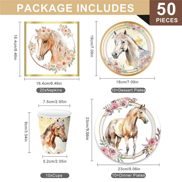 50Pcs Horse Theme Birthday Party Tableware Set with Paper Plates, Cups, Napkins for Holiday Celebration (No FDA) - 6