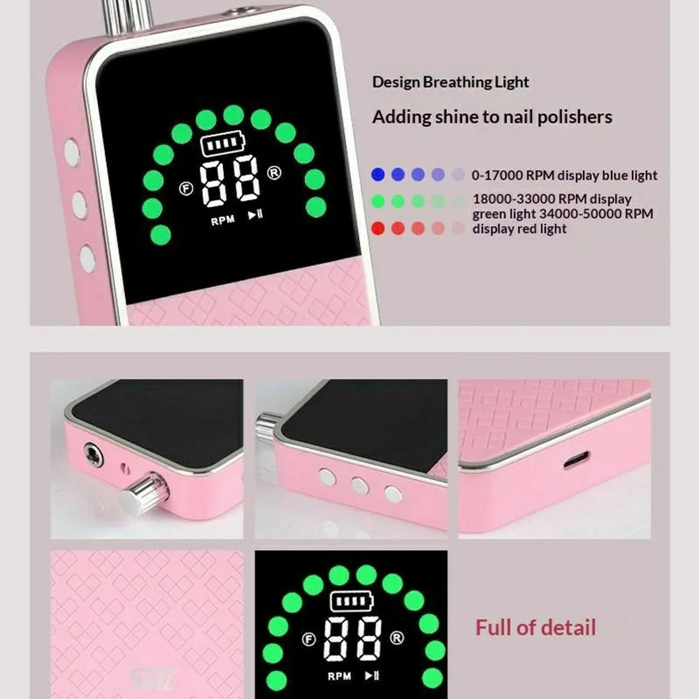 SML Portable Nail Drill Machine 50000 RPM Handheld Nail Remover with Digital Display - Pink - 3