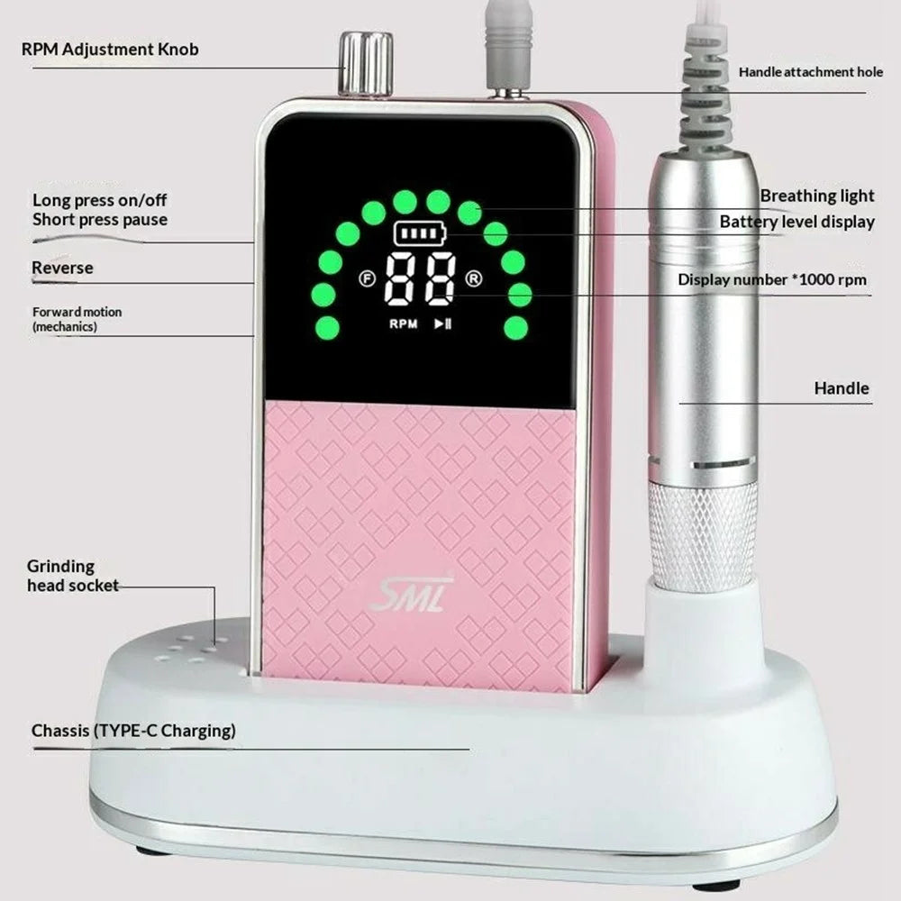 SML Portable Nail Drill Machine 50000 RPM Handheld Nail Remover with Digital Display - Pink - 7