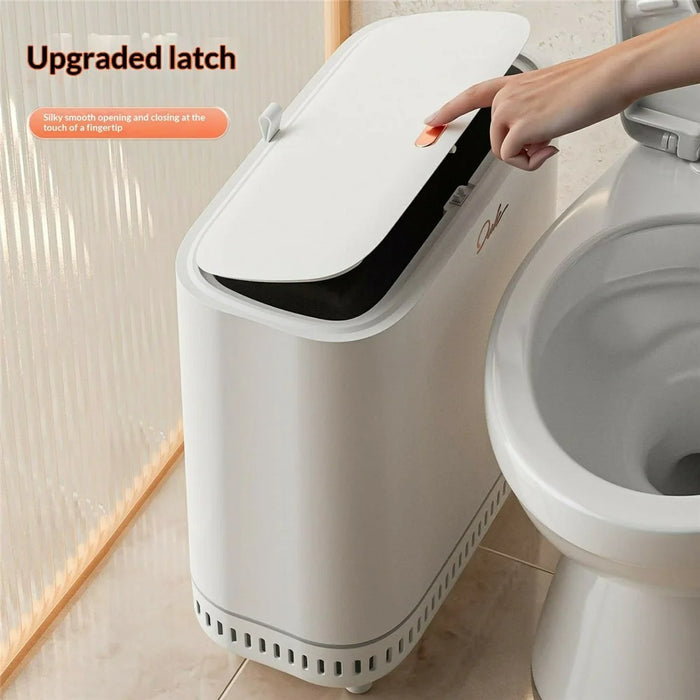 OUK 35 x 15 x 31cm Raised Feet Design Slim Bathroom Trash Can with Lid, Space-Saving Narrow Gap Sealed Toilet Waste Bin - White - 3