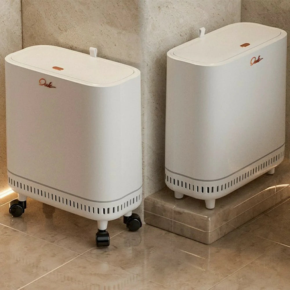 OUK 28 x 15 x 34cm Slim Bathroom Trash Can with Wheels / Lid, Space-Saving Narrow Gap Sealed Toilet Waste Bin - White - 4