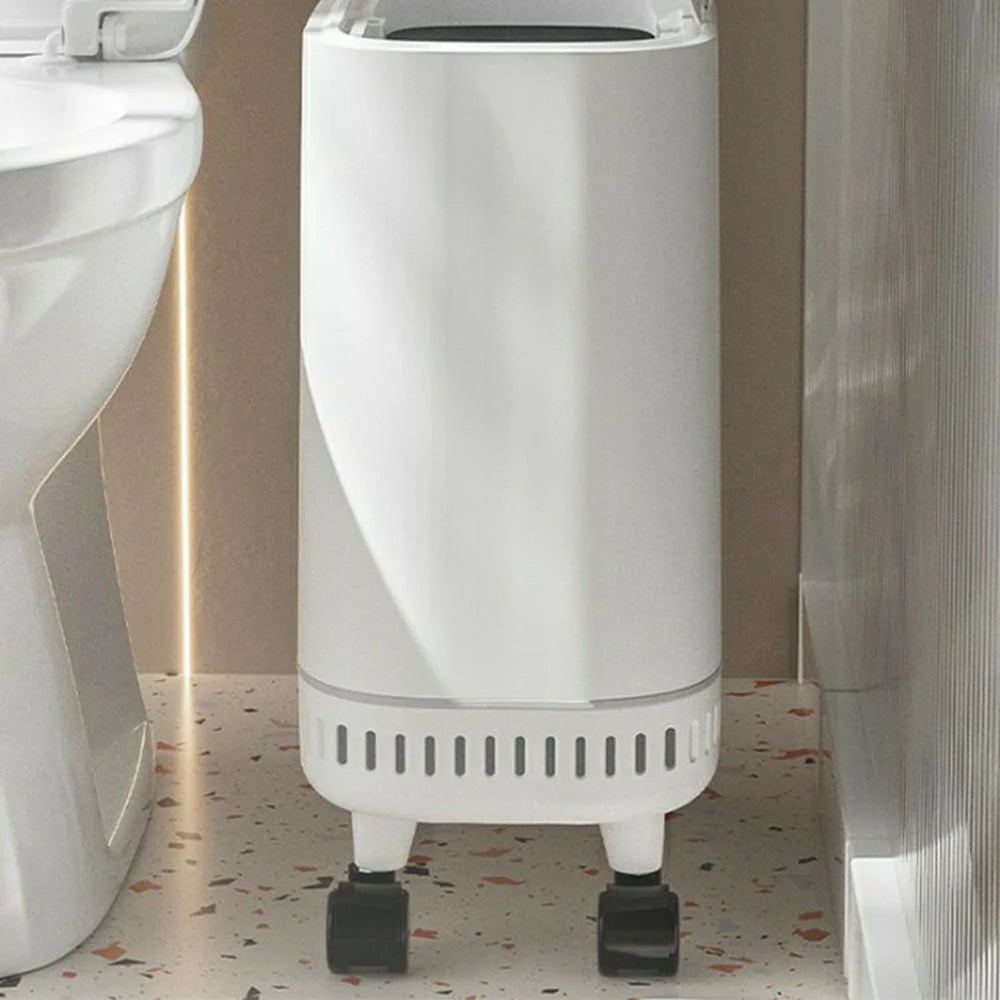 OUK 28 x 15 x 34cm Slim Bathroom Trash Can with Wheels / Lid, Space-Saving Narrow Gap Sealed Toilet Waste Bin - White - 5